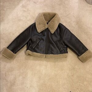 Zara women Faux brown Leather Jacket with Tan Shearling M